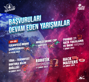 TEKNOFEST Havacılık, Uzay ve Teknoloji Festivalinde bu yıl 41 ana yarışma -102 farklı kategoride düzenlenen teknoloji yarışmaları arasında 5 yarışma özelinde başvuru süreci devam ediyor.